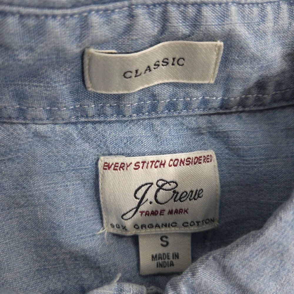 J Crew Chambray Shirt Mens S Blue Organic Cotton Classic Fit Short Sleeve Preppy